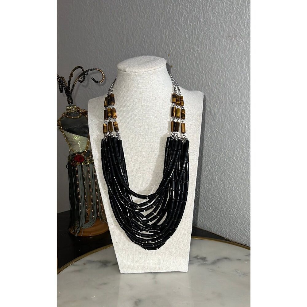 Lis Sophia Havana retired Necklace acrylic tigers eye black beads silver tone